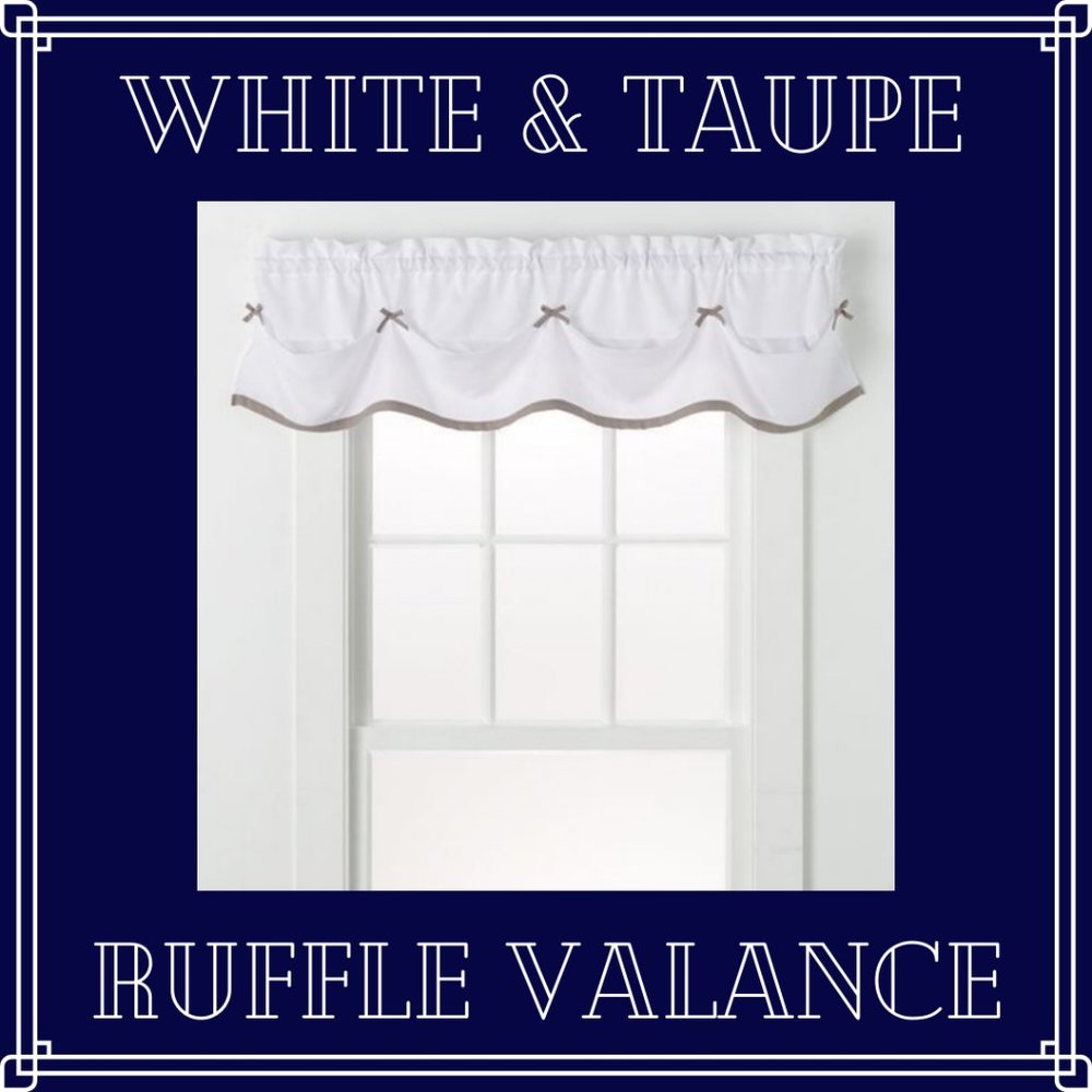 NWT Taupe and White Tuck Valance 58x13 Window Treatment Traditional Ruffles Bows
